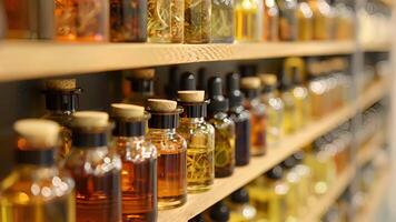 Shelves filled with unassuming bottles hold precious and unique essential oils that the perfumer uses to craft each scent video