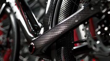 A closeup of the bikes aerodynamic frame featuring intricate designs and advanced technology for top performance video