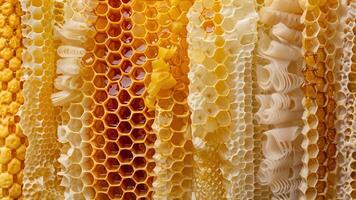 A display of honeycombs showcasing the intricate patterns and colors of the different beeswax used to create them video