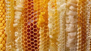 A display of honeycombs showcasing the intricate patterns and colors of the different beeswax used to create them video