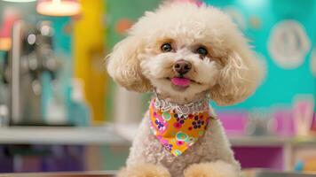 uma poodle esportivo uma colorida bandana ser tratado para uma profundo condicionamento tratamento com lavanda óleo video