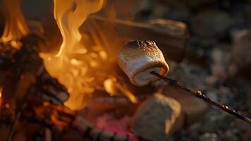 un de cerca Disparo de un malvavisco asado terminado el abierto fuego despacio torneado dorado marrón como eso se convierte perfectamente pegajoso en el dentro video