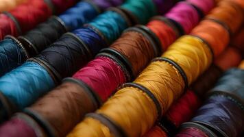 Colorful spools of thread lay neatly organized ready to be used to stitch together a custom leather saddle for a oneofakind bike video