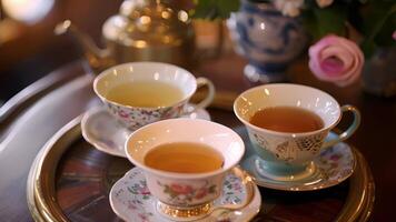 une trio de tasses à thé rempli avec différent mélanges de thé attrayant invités à échantillon et découvrir leur Nouveau préféré à une goûter après midi video