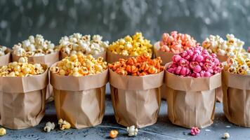 A variety of mini popcorn bags lined up on a table with flavors ranging from buffalo wing to truffle garlic video