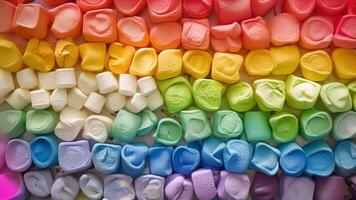 uma bandeja do colorida marshmallows perfeito para assar arranjado dentro uma arco Iris padronizar video
