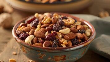 A small bowl of mixed nuts and dried fruit sprinkled with a flavorful seasoning blend video