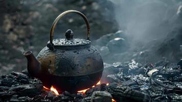 A sy cast iron tea pot a staple in traditional Chinese tea brewing sitting atop a bed of hot coals video