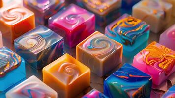 Vibrant colors and unique patterns adorn the surface of handcrafted soaps video