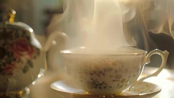 Steam rises from a delicate tea cup revealing the tantalizing scent of a rare herbal blend video