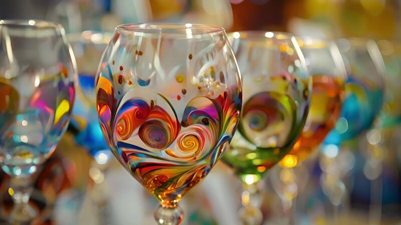 A display of handpainted wine glasses each one uniquely designed and used for special occasions