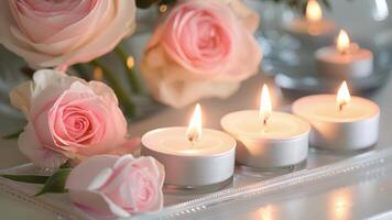 A set of delicately scented tealight candles each emitting a soft glow and a gentle fragrance to enhance the mood of any room video