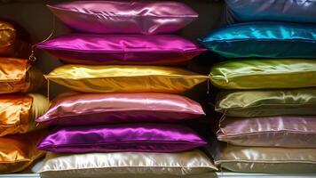 A stack of colorful silk pillowcases displayed on a shelf tempting you to add a touch of luxury to your bedding video