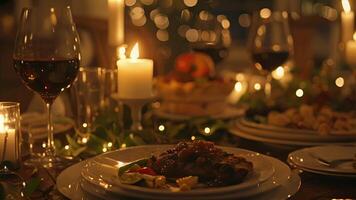 une romantique a la chandelle dîner avec le principale cours de le gourmet repas trousse étant le centre de attention sur le table video