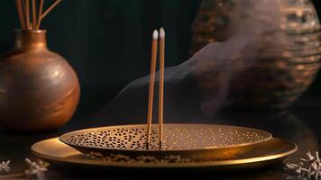 An intricately designed brass incense holder with a mix of traditional and modern elements perfect for displaying and burning your favorite incense sticks video