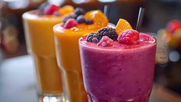 ein Quartett von erfrischend Obst Smoothies gemacht mit pflanzlich Milch und frisch Beeren video