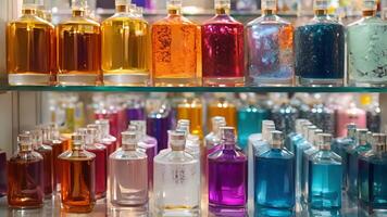 un' boutique fragranza studio con scaffali di colorato bicchiere bottiglie e contenitori pieno con diverso profumi video