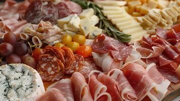 A beautifully arranged charerie board featuring an array of artisanal cheeses and cured meats video