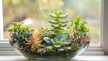 uma coleção do exótico suculentos arranjado dentro uma terrário criando uma mini deserto oásis em uma peitoril da janela dentro uma moderno cozinha video