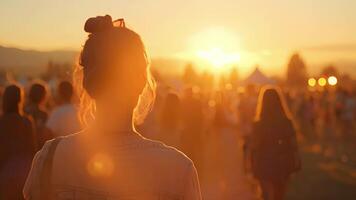 uma lindo pôr do sol sobre a festival motivos Como participantes balançar e cantar ao longo para uma com alma acústico desempenho video