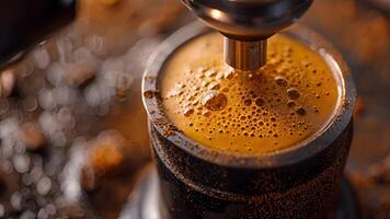 A rustic wooden Aeropress being pressed down to extract a velvety smooth shot of espresso video