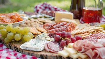 A picnic spread on a picnic blanket filled with various meats cheeses and crackers perfect for a light pregame meal before a long day of cheering video