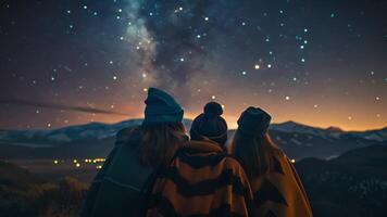 copains se blottir ensemble enveloppé dans chaud couvertures comme elles ou ils merveille à le beauté de le constellations au dessus video