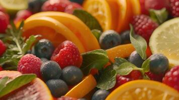 A colorful spread of fresh fruits and herbs used to infuse nonalcoholic beverages in a baking and mixology class video