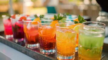 Several glasses of colorful mocktails arranged on a tray ready to be served to the guests video