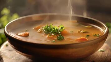 A bowl of steaming soup is presented inviting guests to immerse themselves in the aromas and flavors video