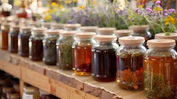 A table covered in jars of homemade herbal syrups each one made with a unique combination of herbs and sweetened with honey video