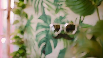 A photo booth area with a backdrop of botanical prints and props such as fake mustaches and oversized sunglasses for guests to take fun pictures video