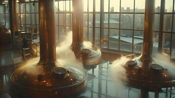 Visitors observe the brewing process through large windows watching as vats of nonalcoholic beer bubble and steam video