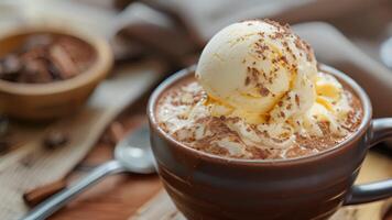 uma quente chocolate affogato com uma colher do baunilha gelo creme derramado sobre uma quente chocolate para uma cremoso e delicioso torção em a clássico tratar video