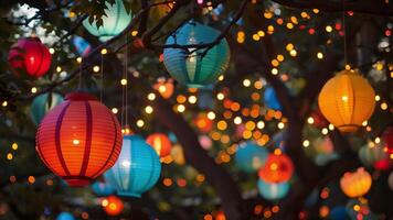 Colorful lanterns and fairy lights strung between trees adding to the festive atmosphere at the mindful drinking festival video