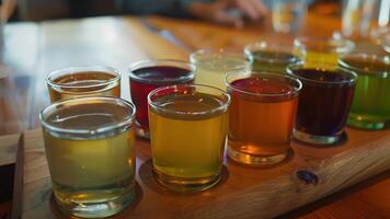 A mocktail flight with small glasses of various colors and flavors allowing guests to taste a range of options throughout their meal video