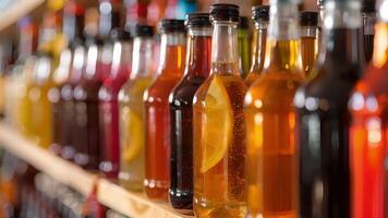 A shelf lined with rows of glass bottles each containing a different flavor of nonalcoholic fruit wine made at home with fresh ingredients video