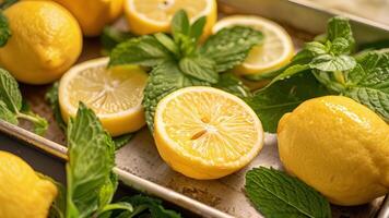 Slivers of lemon and sprigs of mint on a tray ready to be added to the tea enhancing the flavor and adding a refreshing touch video