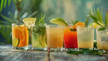 une bar portion une variété de sans alcool les boissons soigneusement ouvré avec Frais herbes es et jus à imiter le les saveurs de populaire des cocktails video