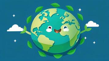 A cartoon illustration of a happy planet Earth surrounded by green arrows with the caption Join the movement towards a greener planet with video