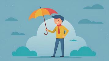 An illustration of a rainy day with a person holding an umbrella implying the use of insurance as a safety net for unexpected financial video