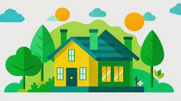 un ilustración de un hogar con energía eficiente caracteristicas y el frase haciendo verde casas un realidad con verde financiación video