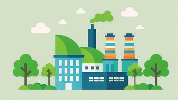 A drawing of a factory with pollution pouring out of it contrasted with a clean green factory with the text Transforming industries with green video