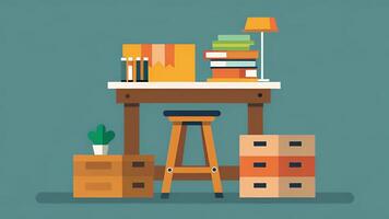 A budgetfriendly DIY standing desk made from stacked wooden crates is paired with a comfortable stool and an inspiring wall decal creating a video