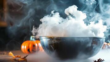 A closeup of a bowl filled with dry ice creating a mysterious and eerie atmosphere at the Halloween party video