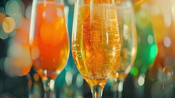 Sparkling glasses filled with vibrant mocktails are lined up on a bar ready to be served video