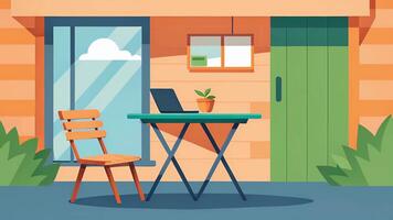 un compacto plegable mesa y silla son utilizado en un pequeño balcón o patio espacio creando un refrescante y pacífico al aire libre hogar oficina preparar video