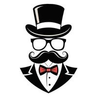 hombre sombrero lentes bigotes Corbata arco negro logo Caballero logo sombrero y arco logo vector