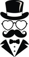 hombre sombrero lentes bigotes Corbata arco negro logo Caballero logo sombrero y arco logo vector