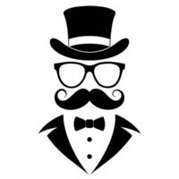 hombre sombrero lentes bigotes Corbata arco negro logo Caballero logo sombrero y arco logo vector